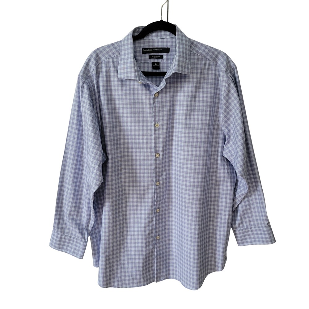 Perry Ellis XL Dress Shirt Blue White Gingham Wrinkle Free Cotton Long Sleeve